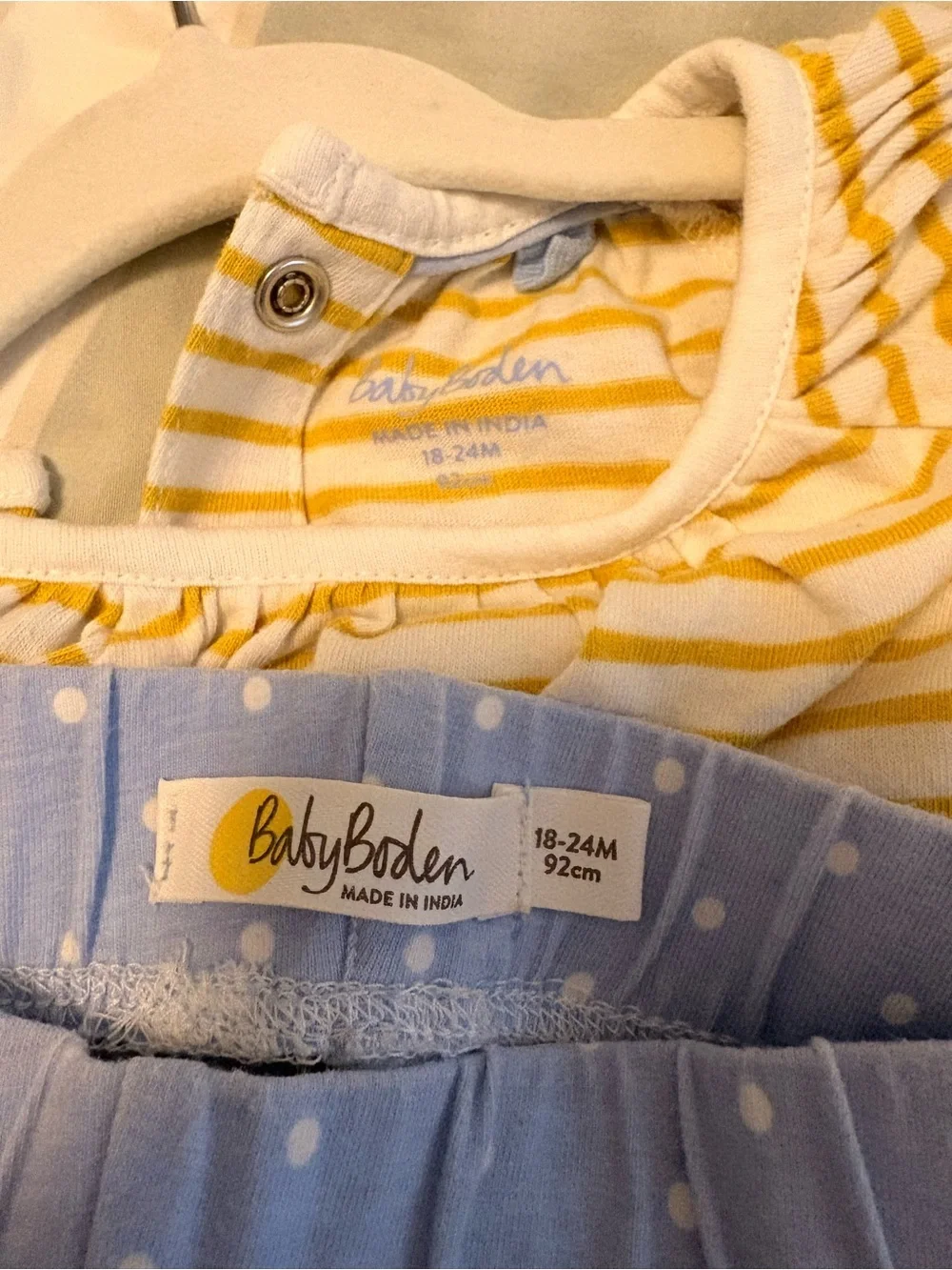 Baby Boden Yellow Striped Top with Blue Polka Dot Pants Set